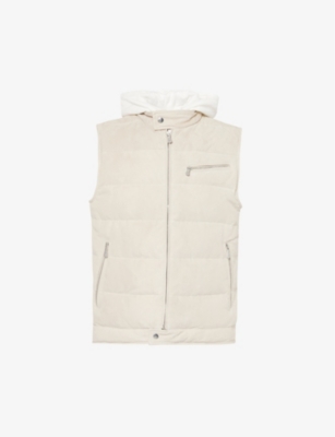 Eleventy Mens Sand And White Detachable-hood Quilted Suede-down Down Gilet