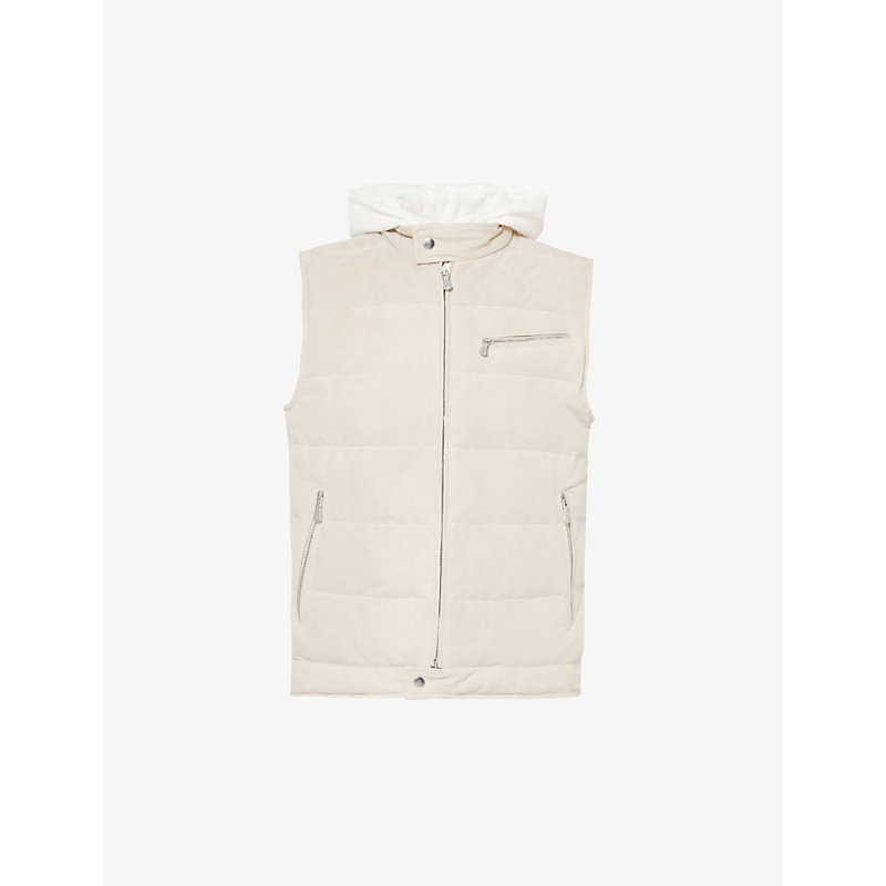Eleventy Mens Sand And White Detachable-hood Quilted Suede-down Down Gilet