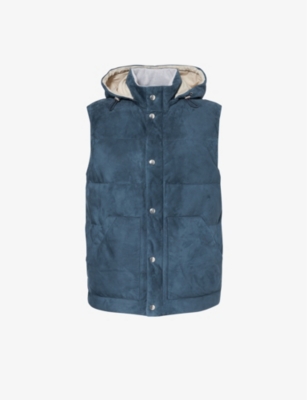 Eleventy Mens Royal Blue Detachable-hood Quilted Suede Down-gilet