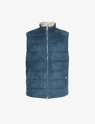 Eleventy Mens Royal Blue And Sand Funnel-neck Reversible Suede-down Gilet