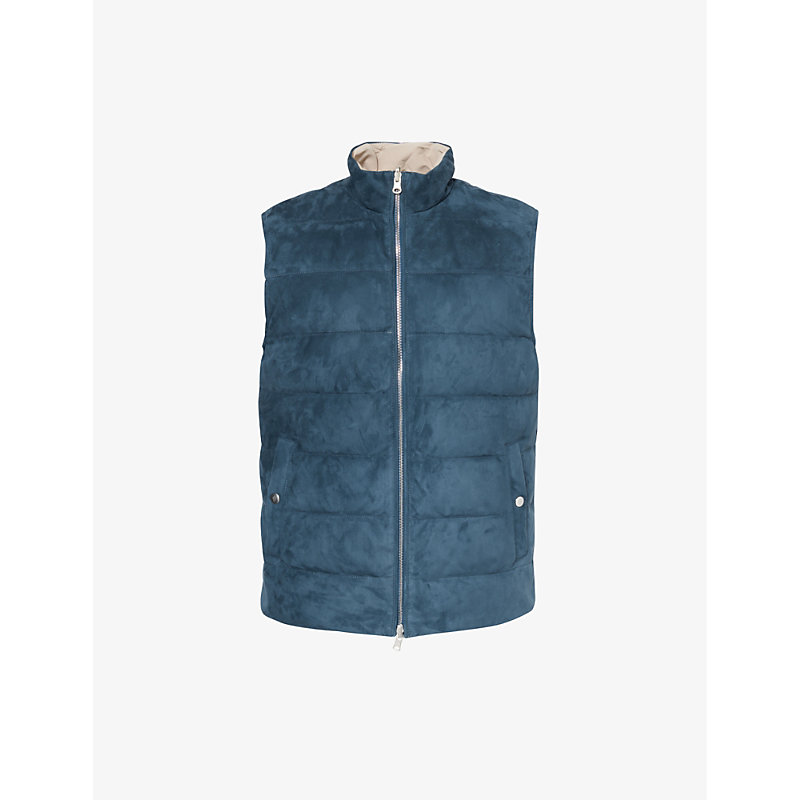 Eleventy Mens Royal Blue And Sand Funnel-neck Reversible Suede-down Gilet