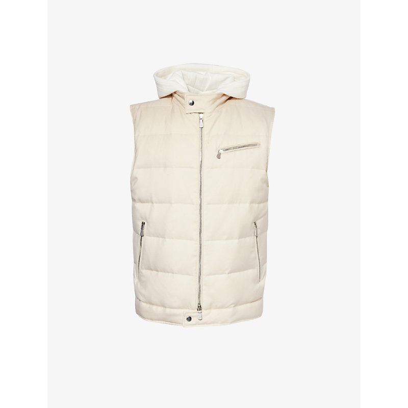 Eleventy Detachable-hood Quilted Cashmere And Silk-blend Down Gilet In Ivory And White