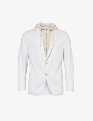 Eleventy Mens White And Sand Hooded Notched-lapel Linen And Cotton-blend Blazer
