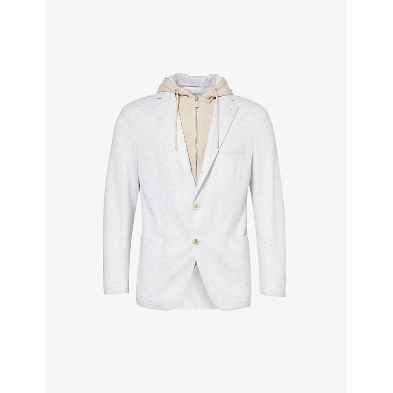 Eleventy Mens White And Sand Hooded Notched-lapel Linen And Cotton-blend Blazer