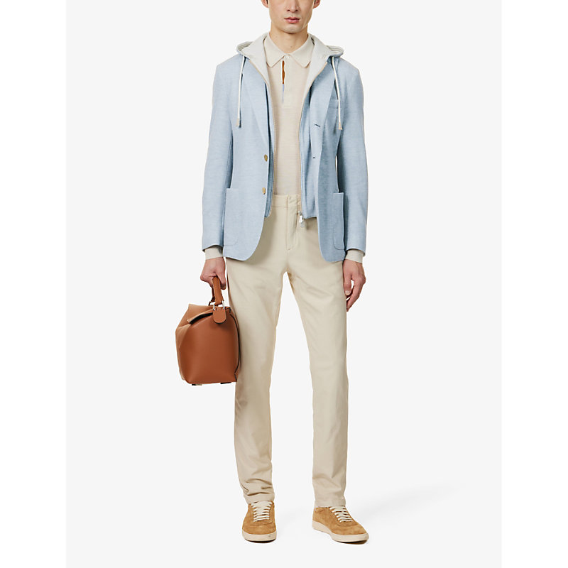 Shop Eleventy Single-breasted Hooded Cotton And Cashmere-blend Blazer In Light Blue