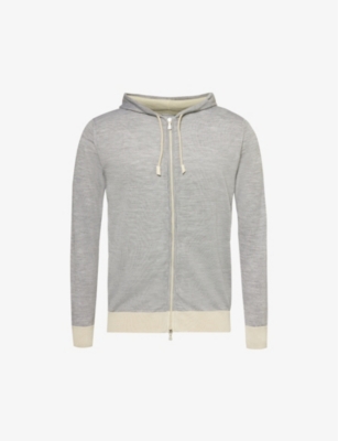 Shop Eleventy Men's Grey And Sand Relaxed-fit Contrast-trim Wool And Silk-blend Knit Hoody