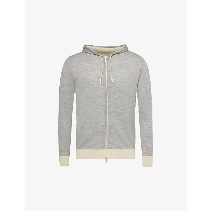 Shop Eleventy Men's Grey And Sand Relaxed-fit Contrast-trim Wool And Silk-blend Knit Hoody