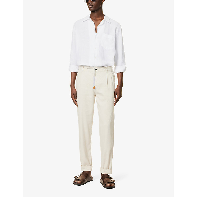 Shop Eleventy Drawstring-waist Straight-leg Linen-blend Trousers In Sand