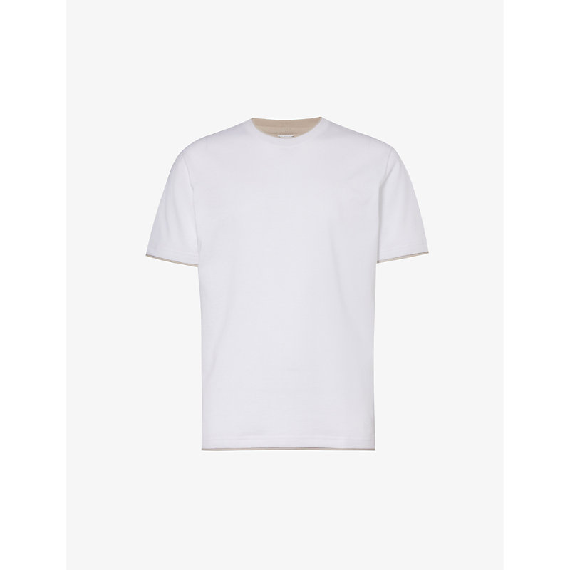 Eleventy Mens White And Sand Crewneck Ribbed-trim Cotton-jersey T-shirt