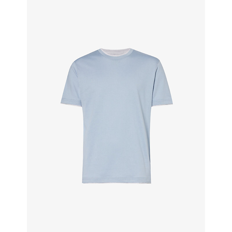 Eleventy Mens Light Blue And Grey Crewneck Ribbed-trim Cotton-jersey T-shirt