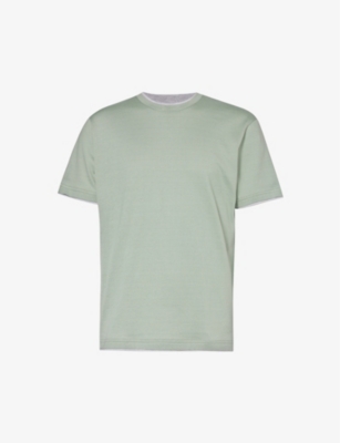 Eleventy Mens Green And Sand Crewneck Ribbed-trim Cotton-jersey T-shirt