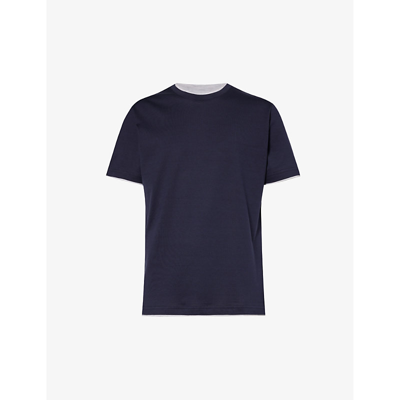 Eleventy Mens Navy And Grey Crewneck Ribbed-trim Cotton-jersey T-shirt