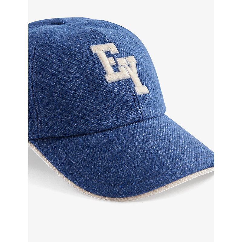Shop Eleventy Brand-appliqué Linen-blend Cap In Navy And Sand