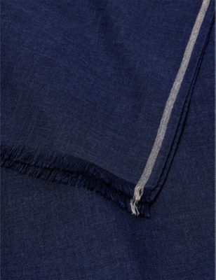 Shop Eleventy Frayed-trim Cashmere And Silk-blend Scarf In Navy