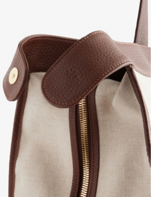 Shop Eleventy Sand Brand-embossed Leather-trimmed Cotton Tote Bag