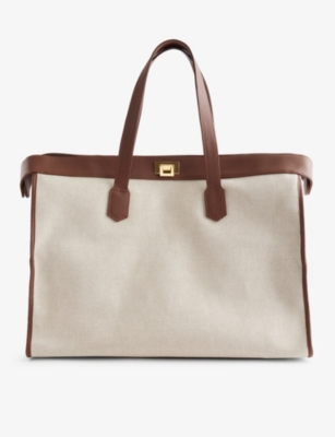 Shop Eleventy Sand Brand-embossed Leather-trimmed Cotton Tote Bag