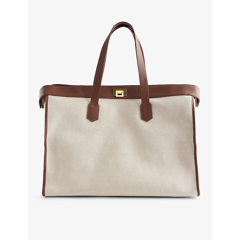 Eleventy Sand Brand-embossed Leather-trimmed Cotton Tote Bag