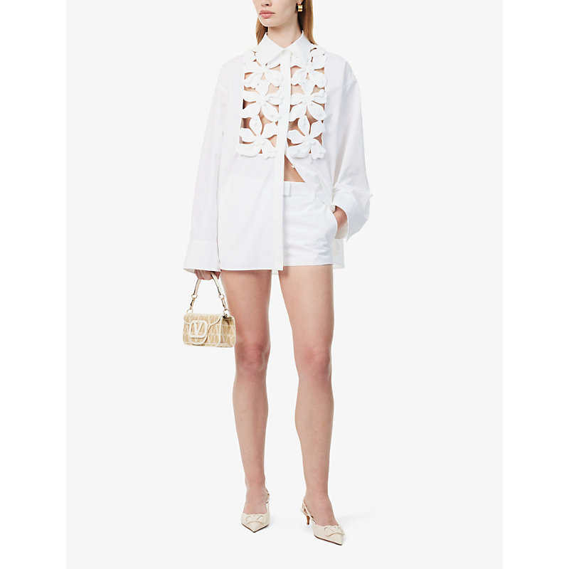 Shop Valentino Garavani Women's Bianco Floral-embellished Relaxed-fit Cotton-poplin Shirt