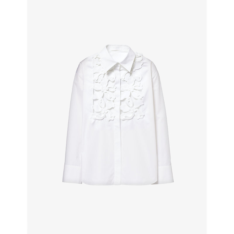 Shop Valentino Garavani Women's Bianco Floral-embellished Relaxed-fit Cotton-poplin Shirt