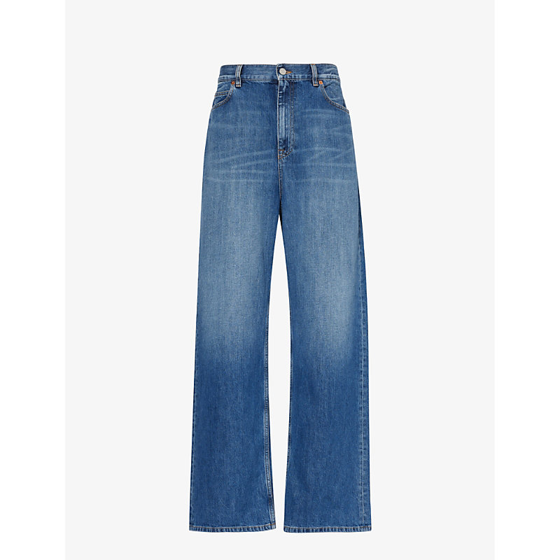 Shop Valentino Garavani Women's Medium Blue Denim Wide-leg Mid-rise Jeans