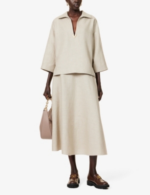 Shop Valentino Flared-hem Mid-rise Linen Midi Skirt In Beige Gravel