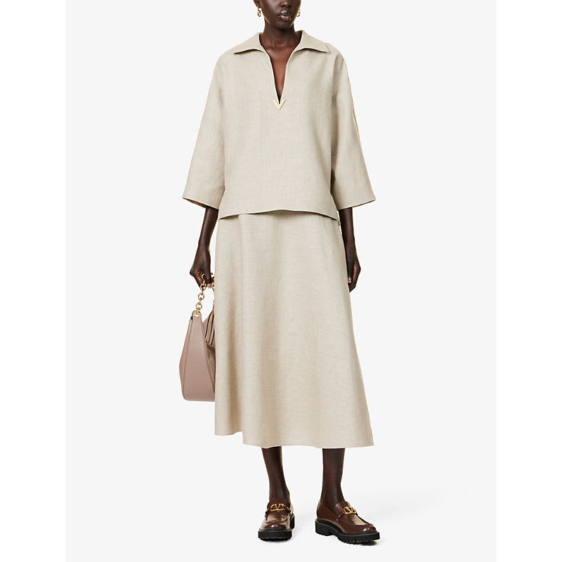 Shop Valentino Flared-hem Mid-rise Linen Midi Skirt In Beige Gravel
