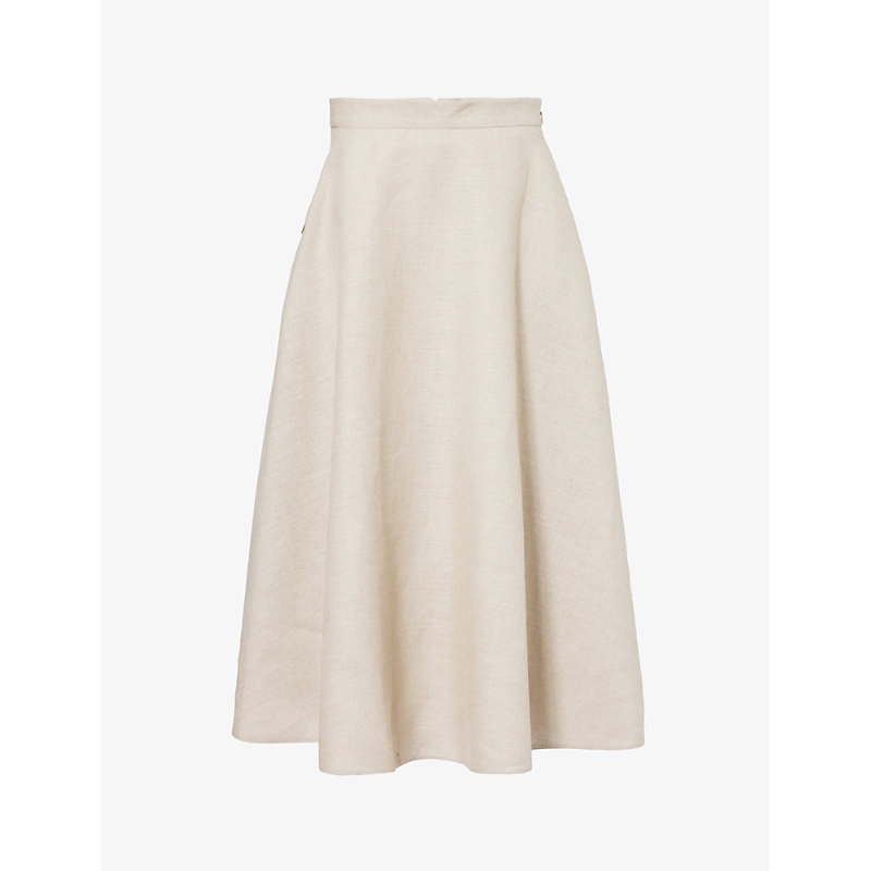 Shop Valentino Garavani Womens Beige Gravel Flared-hem Mid-rise Linen Midi Skirt