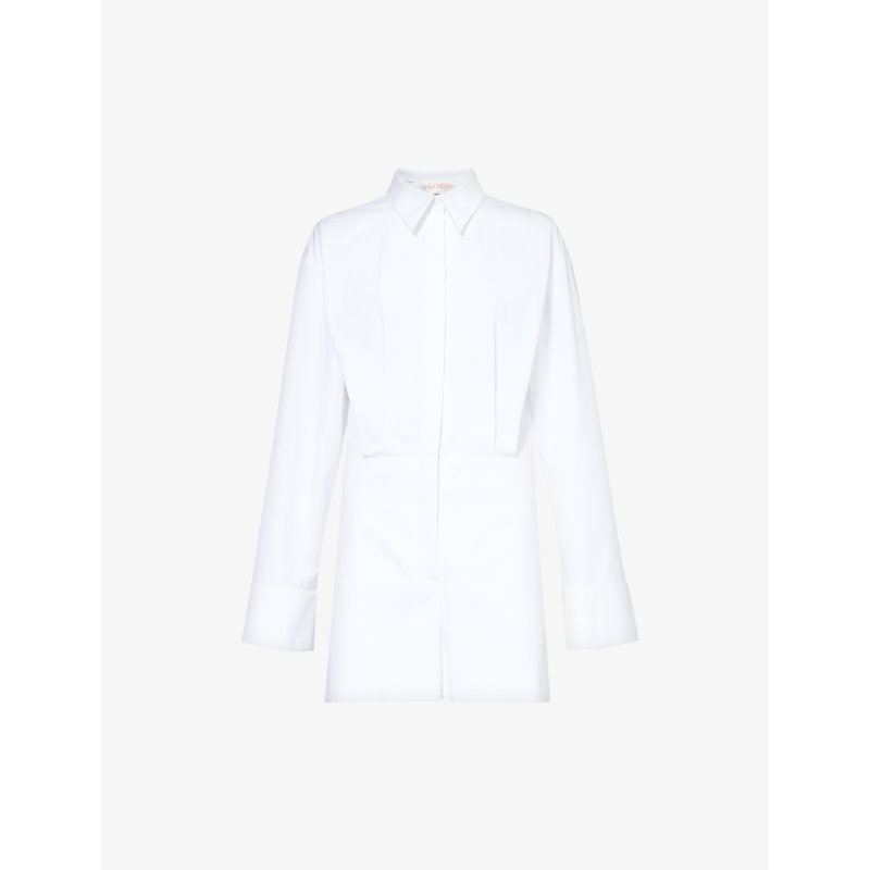Shop Valentino Garavani Women's Bianco Ottico Collared Pleated Cotton Playsuit