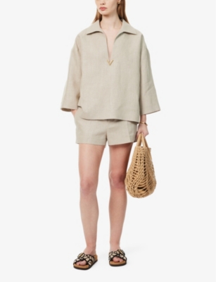 Shop Valentino Woven-texture Mid-rise Linen Shorts In Beige Gravel
