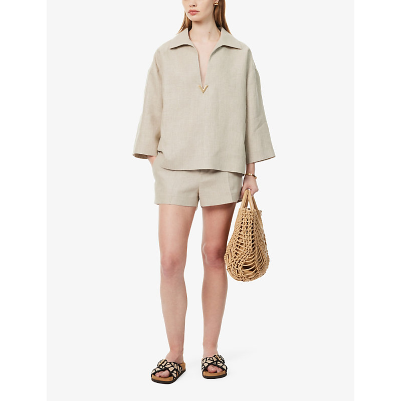 Shop Valentino Woven-texture Mid-rise Linen Shorts In Beige Gravel