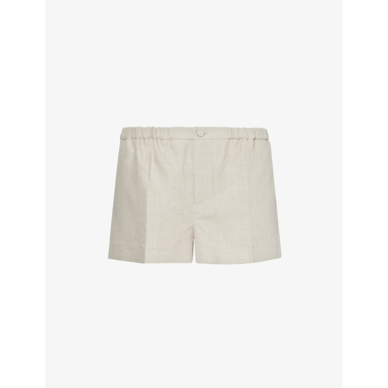 Shop Valentino Garavani Women's Beige Gravel Woven-texture Mid-rise Linen Shorts