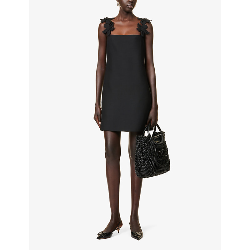 Shop Valentino Floral-embellished Wool And Silk-blend Mini Dress In Nero