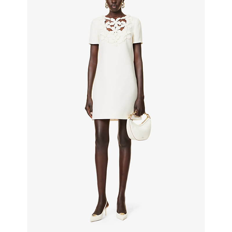 Shop Valentino Floral-embellished Wool And Silk-blend Mini Dress In Avorio