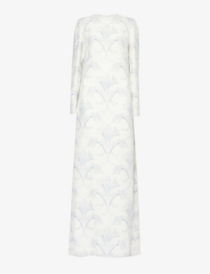 Shop Valentino Floral-pattern Flared-hem Silk Maxi Dress In Avorio Perla