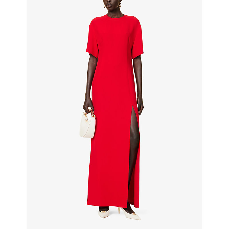 Shop Valentino Garavani Womens Rosso Round-neck Slim-fit Silk Maxi Dress