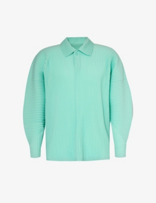 Issey Miyake Homme Plisse  Mens 60-green Hued Pleated Relaxed-fit Knitted Polo Shirt