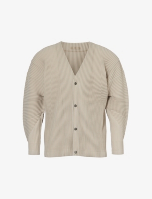 ISSEY MIYAKE HOMME PLISSE ISSEY MIYAKE MEN'S 43-LINEN BEIGE PLEATED BUTTON-UP KNITTED CARDIGAN