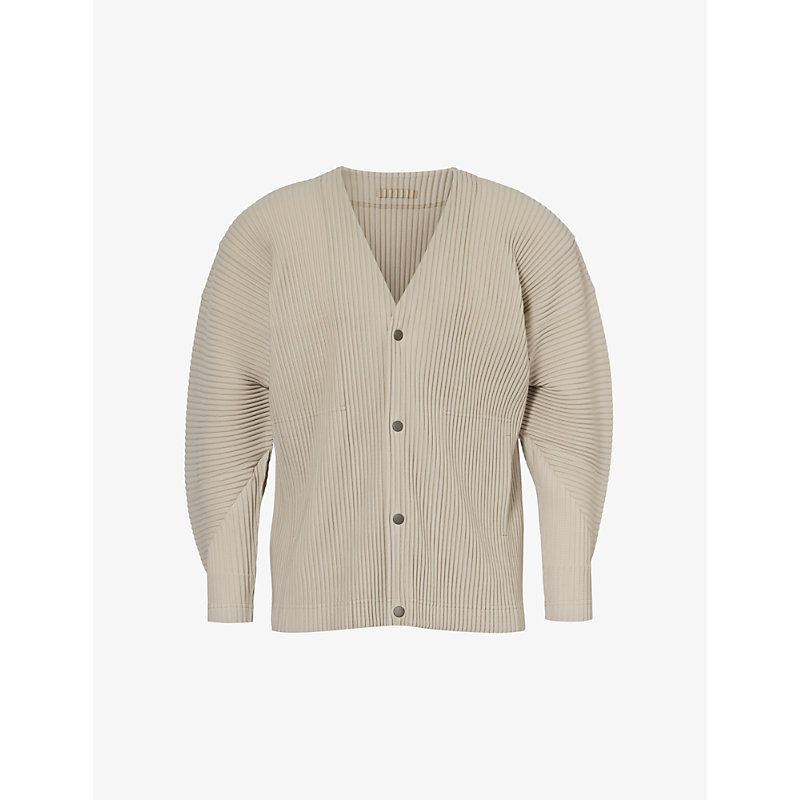 ISSEY MIYAKE HOMME PLISSE ISSEY MIYAKE MEN'S 43-LINEN BEIGE PLEATED BUTTON-UP KNITTED CARDIGAN