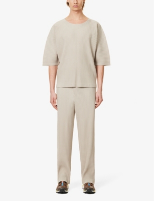 Issey Miyake Homme Plisse  Mens 43-linen Beige Pleated Crewneck Knitted T-shirt In 43-linen Beige