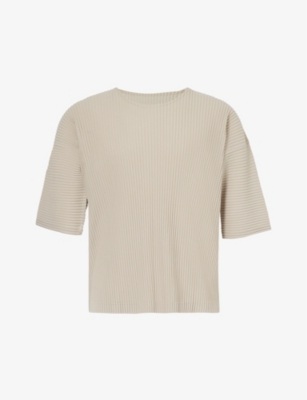 Shop Issey Miyake Homme Plisse  Mens 43-linen Beige Pleated Crewneck Knitted T-shirt