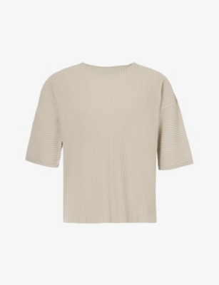 Issey Miyake Homme Plisse  Mens 43-linen Beige Pleated Crewneck Knitted T-shirt In 43-linen Beige