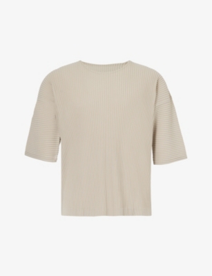 Issey Miyake Homme Plisse  Mens 43-linen Beige Pleated Crewneck Knitted T-shirt