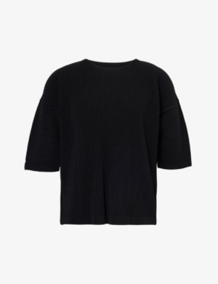 Shop Issey Miyake Homme Plisse  Men's 15-black Pleated Crewneck Knitted T-shirt