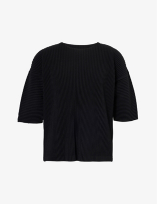 Issey Miyake Homme Plisse  Mens 15-black Pleated Crewneck Knitted T-shirt