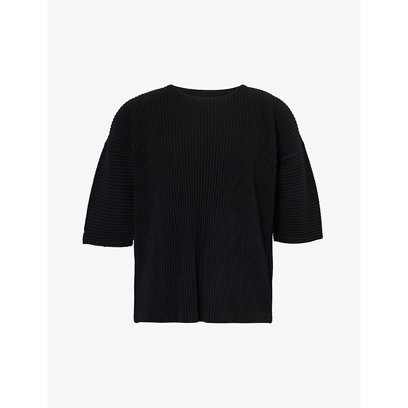Issey Miyake Homme Plisse  Mens 15-black Pleated Crewneck Knitted T-shirt