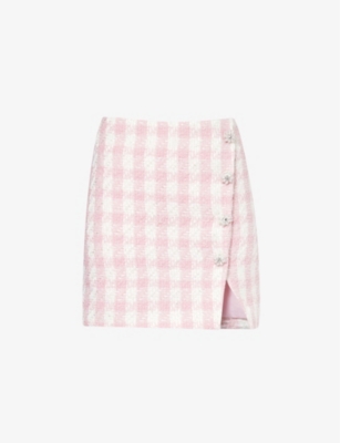 SELF PORTRAIT: Bouclé-texture embellished-button woven mini skirt