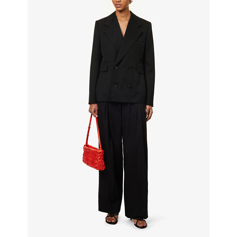 Shop Bottega Veneta Womens Off Black Pleated Wide-leg High-rise Cotton-blend Trousers