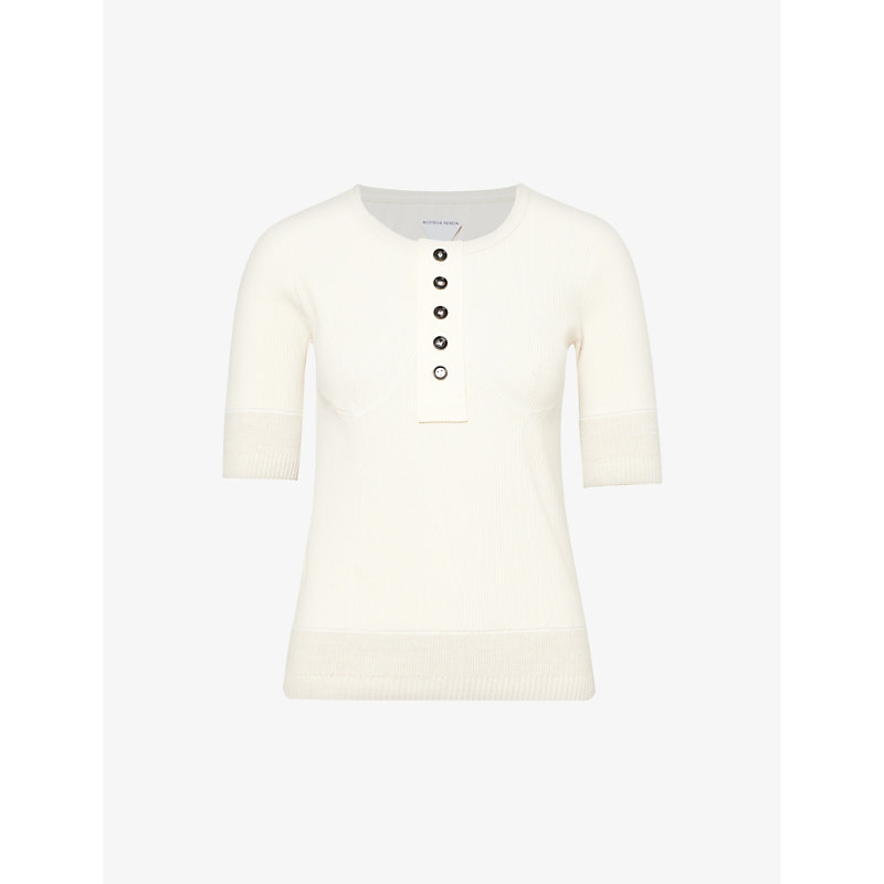 Shop Bottega Veneta Womens Sea Salt Henley-button Cropped-sleeve Stretch-cotton Jersey T-shirt