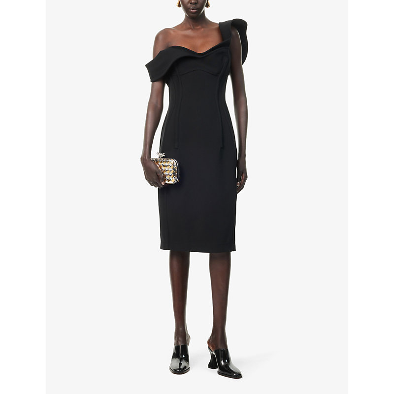 Shop Bottega Veneta Women's Black Sweetheart-neck Double-layered Wool Midi Dress