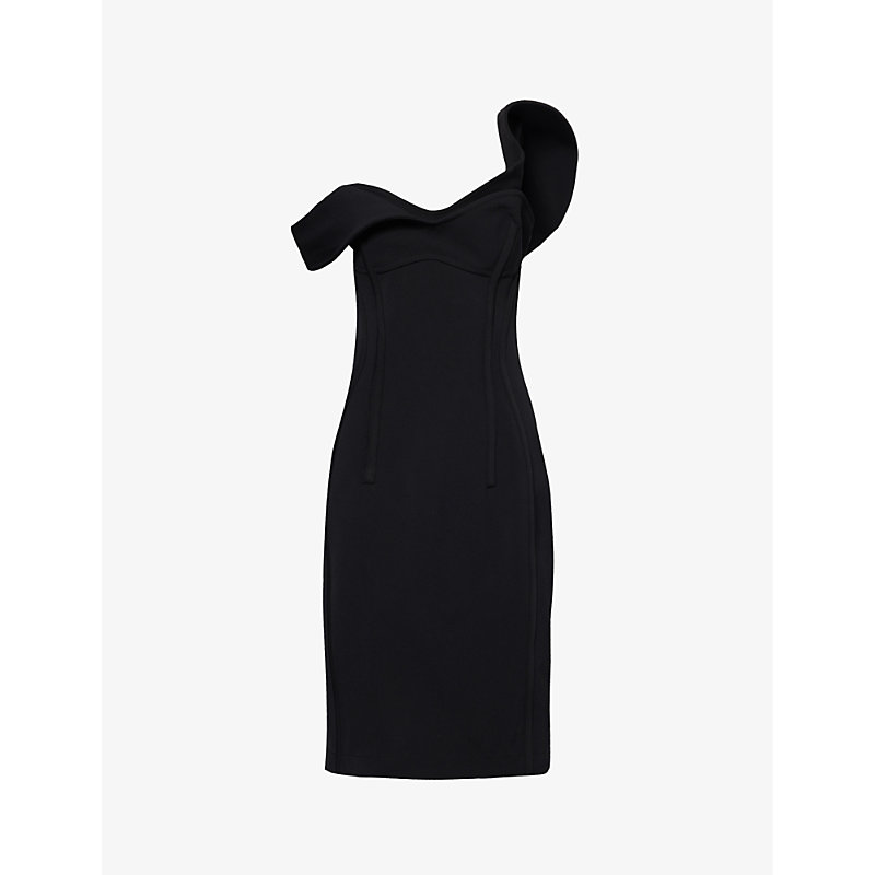 Shop Bottega Veneta Women's Black Sweetheart-neck Double-layered Wool Midi Dress